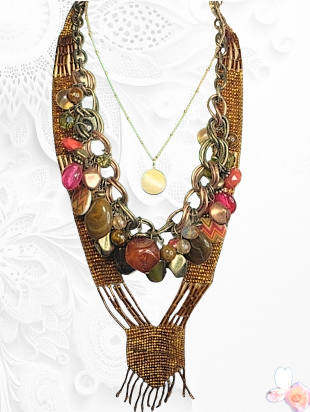 Curated Beaded Ruby Rd Natural Stone Statement Necklace Set 3 Pc Layered 924